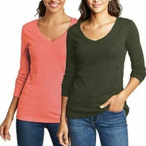 Eddie Bauer Ladies' 2 Pack Long Sleeve V-Neck Comfort Tee (Olıver/Rose, Medium)